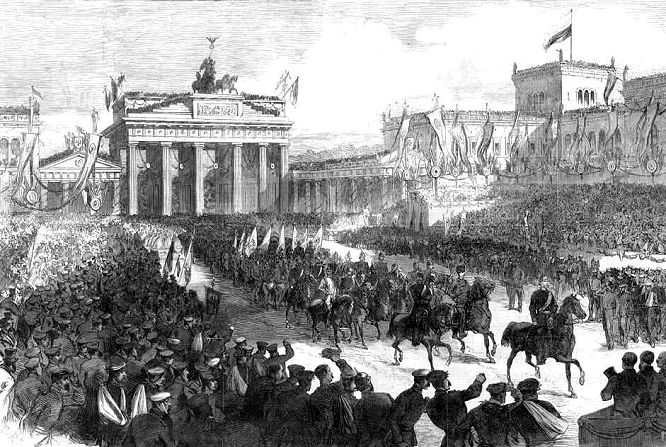 Die Siegesparade in Berlin 1866. Die preußischen Truppen beim Passieren des Brandenburger Tores.