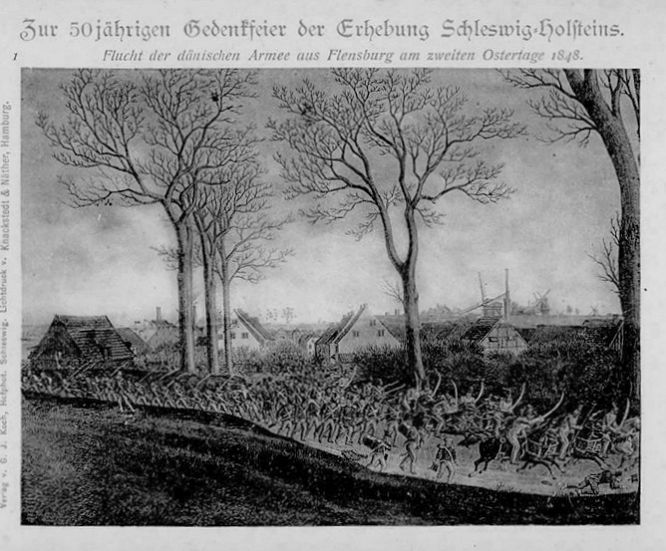 Zur 50jährigen Gedenkfeier der Erhebung Schleswig-Holsteins. Flucht der dänischen Armee aus Flensburg am zweiten Ostertage 1848.