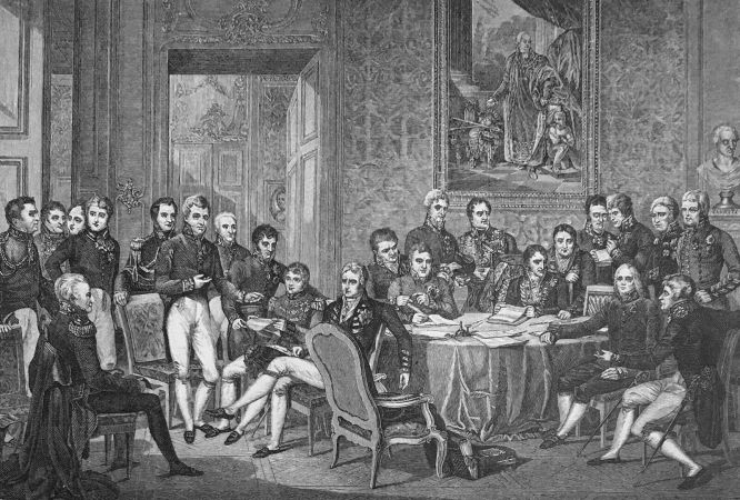 Der Kongress zu Wien: Sitzung der Bevollmächtigten der acht an dem Traktate von Paris beteiligten Mächte. Nach dem Kupferstiche von Jean Godefroh; Originalgemälde, 1819, von J. Jfabey (1767-1855).