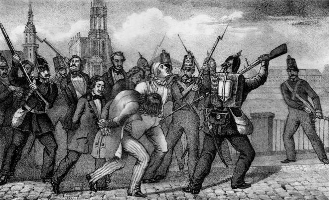 Abführung der Gefangenen über die Elbbrücke zu Dresden am 9. Mai 1849. Lithografie C.G. Lohse