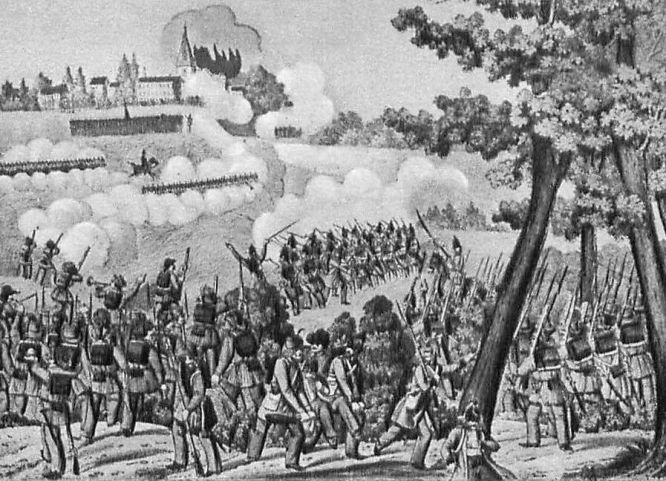 Gefecht bei Waghäusel, nahe Heidelberg am 21. Juni 1849. Das badische Heer stand auf Seite des Volkes. Nach dem Sieg der preußischen Truppen bei Waghäusel wurde die badische Armee aufgelöst.