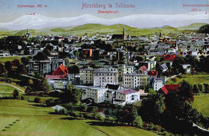 Hirschberg in Schlesien (Riesengebirge), Schneekoppe 1605 m, Schneegrubenbaude 1493 m.