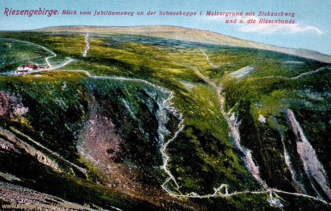 Riesengebirge. Blick vom Jubiläumsweg an der Schneekoppe i. Melzergrund mit Zickzackweg und a. die Riesenbaude.