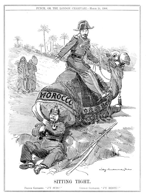 Marokkokrise "Sitting Tight" der "Punch" macht sich darüber lustig, dass der Deutsche sich am Kamel Marokko festklammert, während der Franzose bereits fest im Sattel sitzt, 14. März 1906