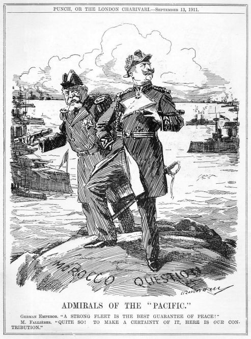 Marokkofrage: Admirals of the "Pacific", der französische Staatspräsident 1906-1913 Armand Fallières und Kaiser Wilhelm II. meinen mit ihrer jeweiligen Flotte ein Beitrag zum Frieden zu leisten, "Punch" vom 13. September 1911