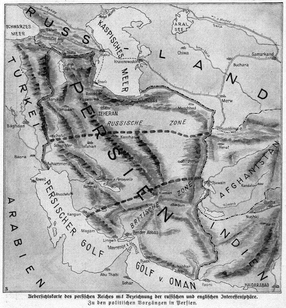 Übersichtskarte des persischen Reiches (Iran) mit Bezeichnung der russischen und englischen Interessensphären (1912).