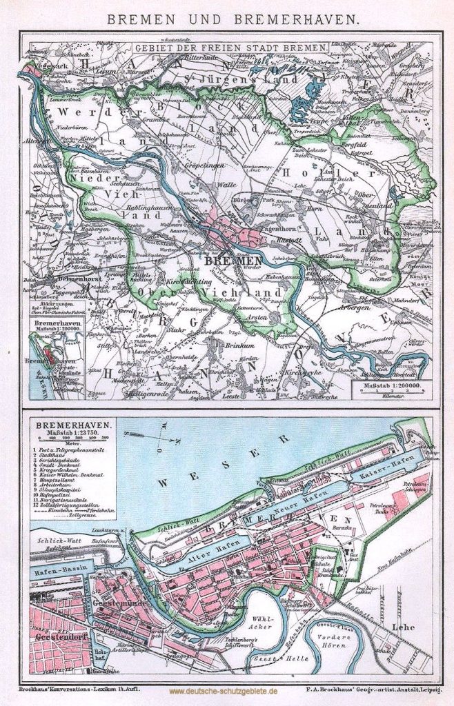 Bremen und Bremerhaven Stadtplan 1894 (Brockhaus'Konversations-Lexikon 14. Auflage)