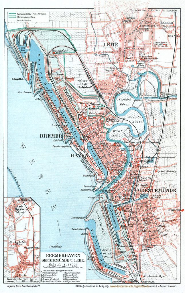 Bremerhaven, Geestemünde und Lehe Stadtplan 1900 (Meyers Konversations-Lexikon 6. Auflage)