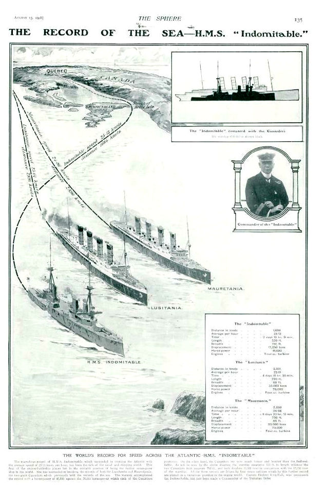 THE RECORD OF THE SEA - H.M.S. Indomitable (THE SPHERE August 15. 1908) im Vergleich mit "Lusitania" und "Mauretania"