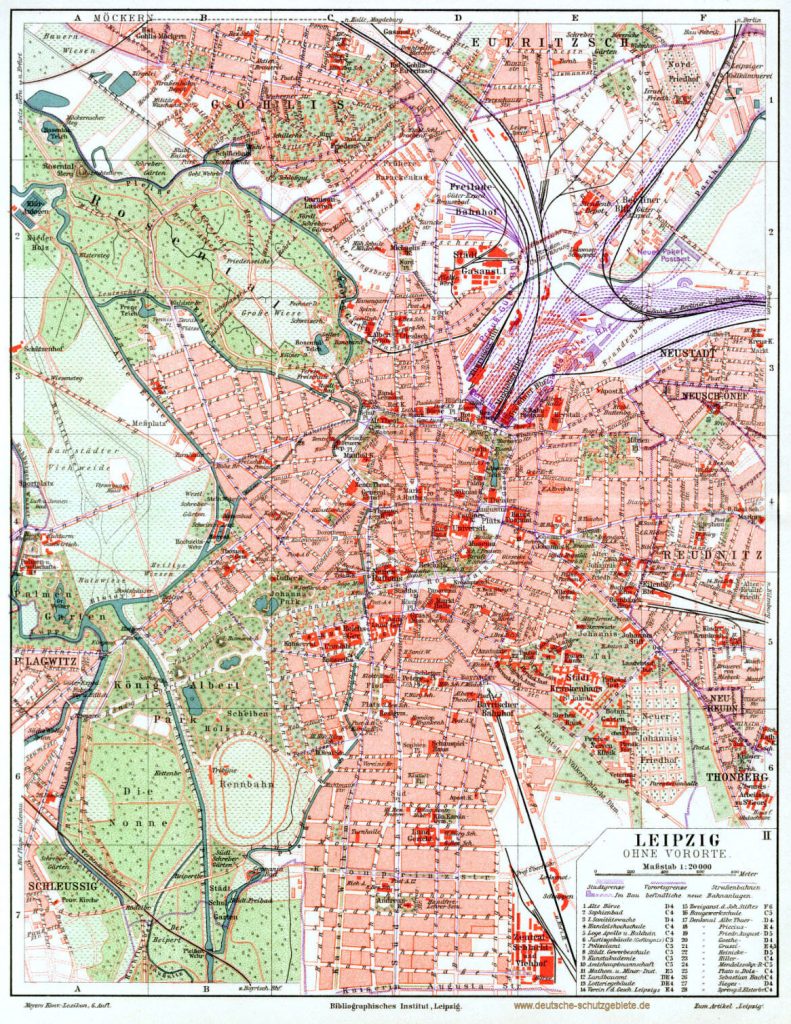 Leipzig Stadtplan ohne Vororte 1900 (Meyers Konversations-Lexikon 6. Auflage)