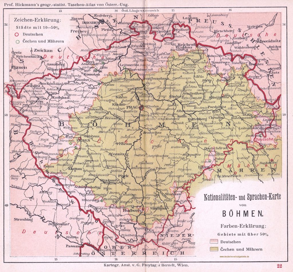 Böhmen, Nationalitäten- und Sprachen-Karte 1900 (Prof. Hickmann's geographisch-statistischer Taschenatlas von Österreich-Ungarn)