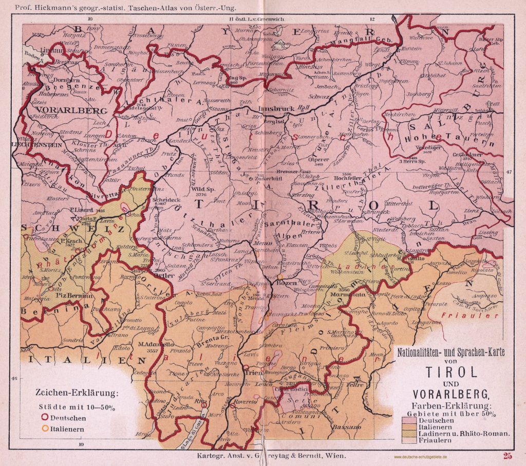 Tirol und Vorarlberg, Nationalitäten- und Sprachen-Karte 1900 (Prof. Hickmann's geographisch-statistischer Taschenatlas von Österreich-Ungarn)