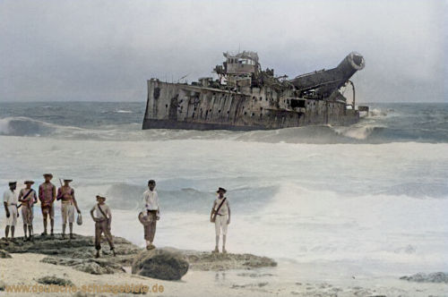 S.M.S. Emden bombed on the beach Cocos Islands 1914