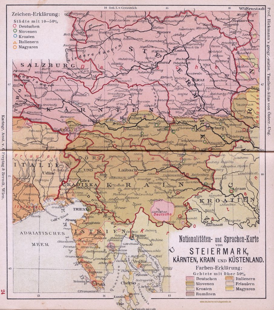 Steiermark, Kärnten, Krain und Küstenland, Nationalitäten- und Sprachen-Karte 1900 (Prof. Hickmann's geographisch-statistischer Taschenatlas von Österreich-Ungarn)
