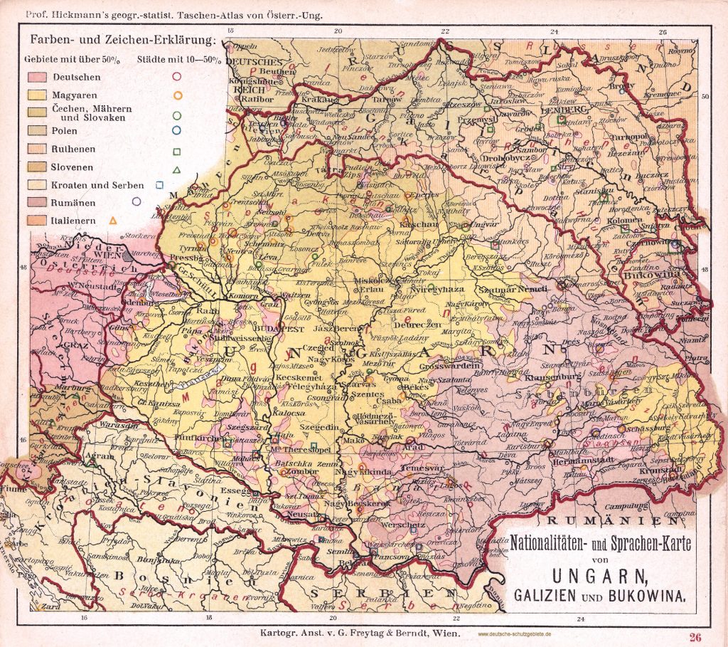 Ungarn, Galizien und Bukowina, Nationalitäten- und  Sprachen-Karte 1900 (Prof. Hickmann's geographisch-statistischer Taschenatlas von Österreich-Ungarn)