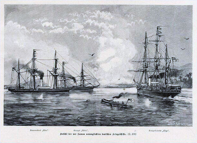 Ansicht der vor Samoa verunglückten deutschen Kriegsschiffe: Kanonenboot Eber, Kreuzer Adler, Kreuzerkorvette Olga.