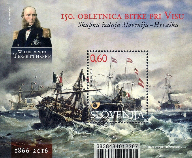 Wilhelm von Tegetthoff und die Seeschlacht bei Lissa, Sondermarke Sloweniens 2016 zum 150. Jahrestag.