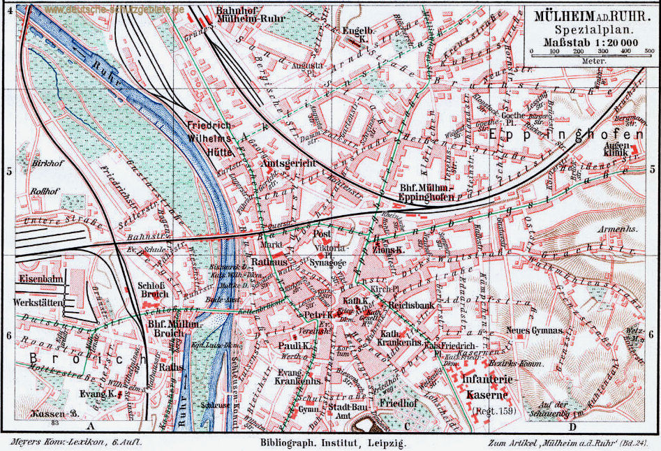 Mülheim an der Ruhr Stadtplan 1900 (Meyers Konversations-Lexikon 6. Auflage)