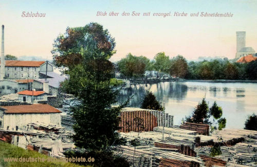 Schlochau. Blick über den See mit evangelischer Kirche und Schneidemühle.