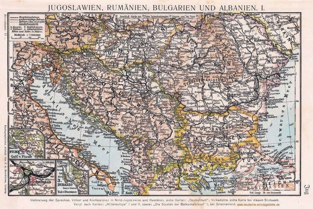 Jugoslawien, Rumänien, Bulgarien und Albanien Landkarte 1926 (Brockhaus)
