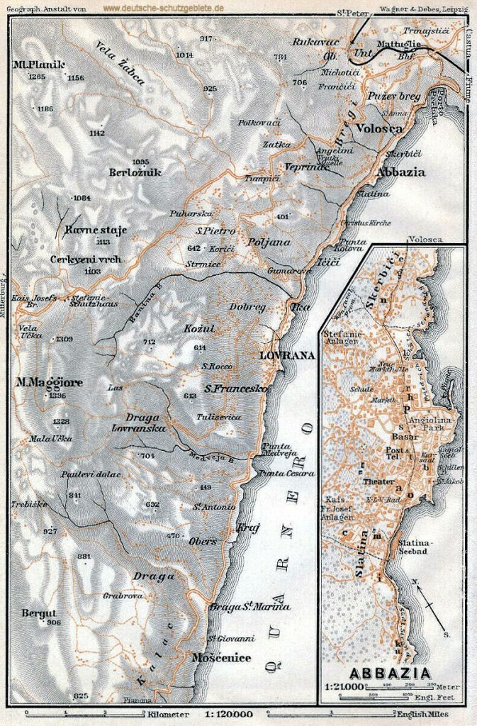Abbazia Stadtplan und Umgebung 1910 (Wagner & Debes Leipzig)