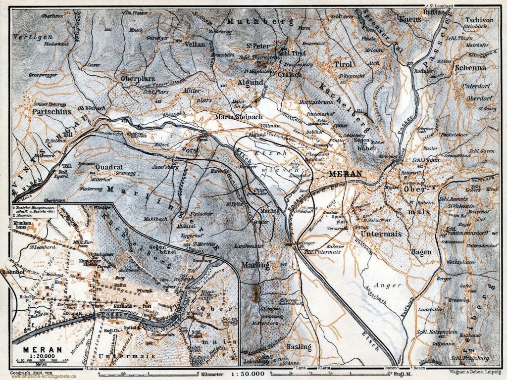 Meran und Umgebung Landkarte 1910 (Wagner & Debes Leipzig)