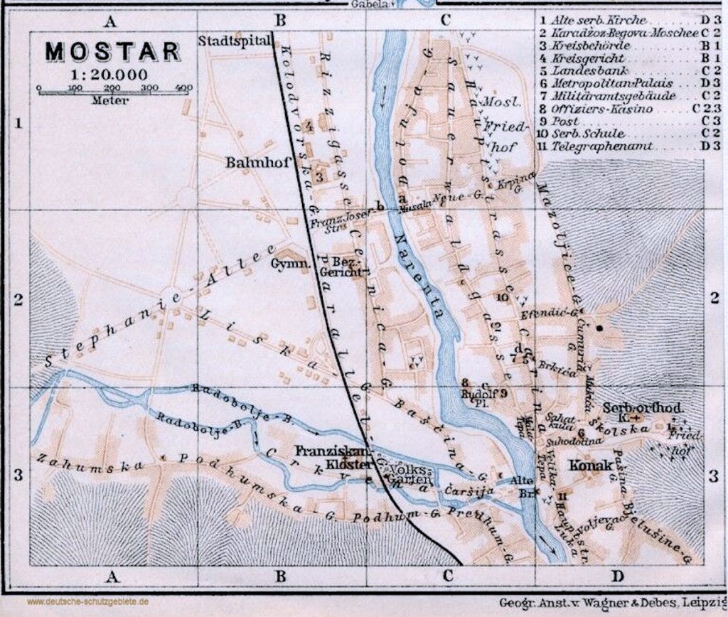 Mostar Stadtplan 1910 (Wagner & Debes Leipzig)