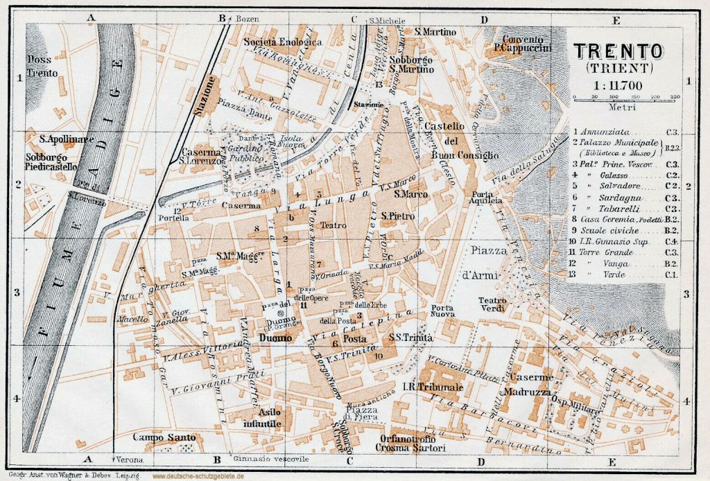 Trento (Trient) Stadtplan 1910 (Wagner & Debes Leipzig)