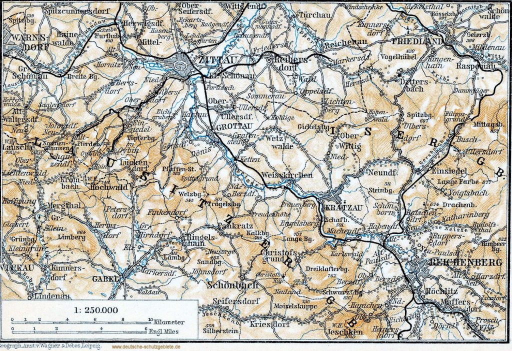 Zittau - Reichenberg Landkarte 1910 (Wagner & Debes Leipzig)