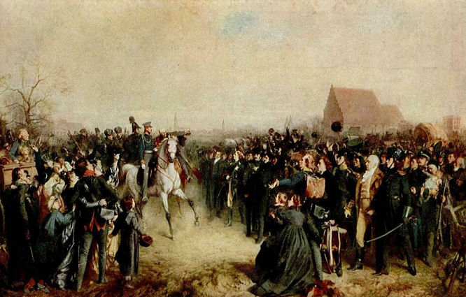 "Aufruf an mein Volk", Freiwillige von 1813 vor König Friedrich Wilhelm III. zu Breslau. Gemälde von Julius Scholtz.
