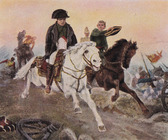 Schlacht bei Waterloo. "Napoleon auf der Flucht bei Waterloo. 18. Juni 1815." (Sammelbild nach einem Gemälde von Georg Bleibtreu)