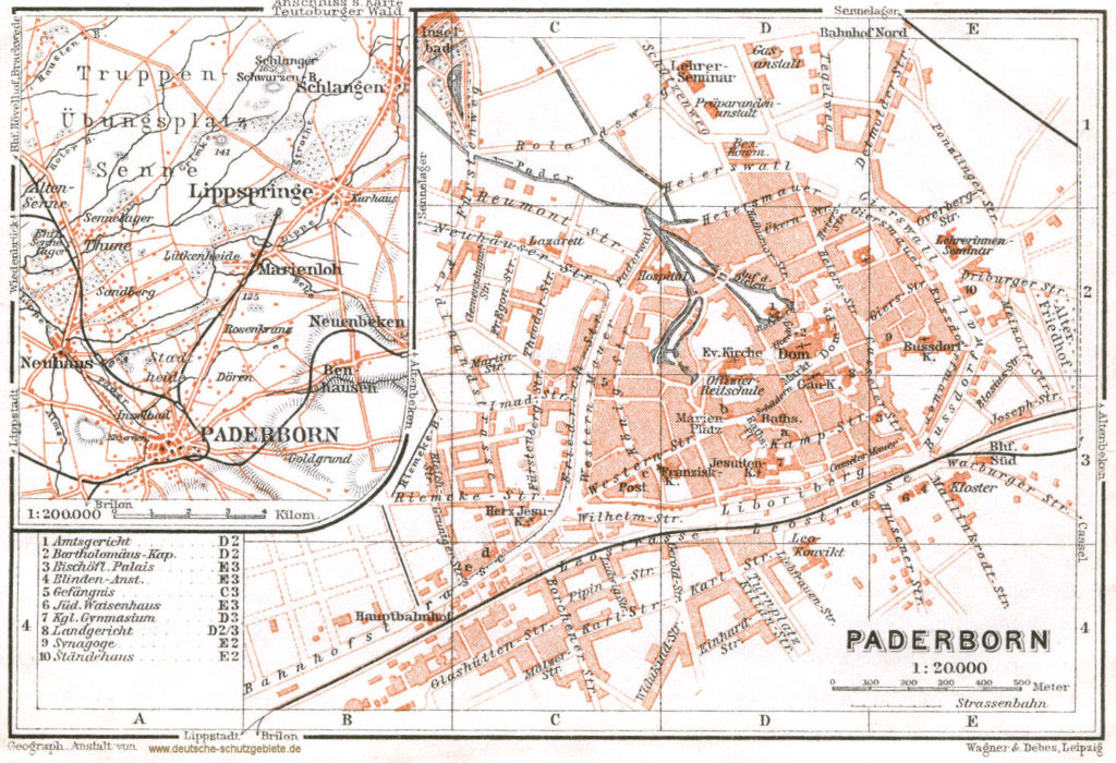 Paderborn Stadtplan 1910 (Wagner & Debes Leipzig)