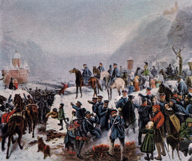 "Rheinübergang der Ersten Schlesischen Armee bei Caub. 1. Januar 1814."  (Sammelbild nach einem Gemälde von Camphausen)
