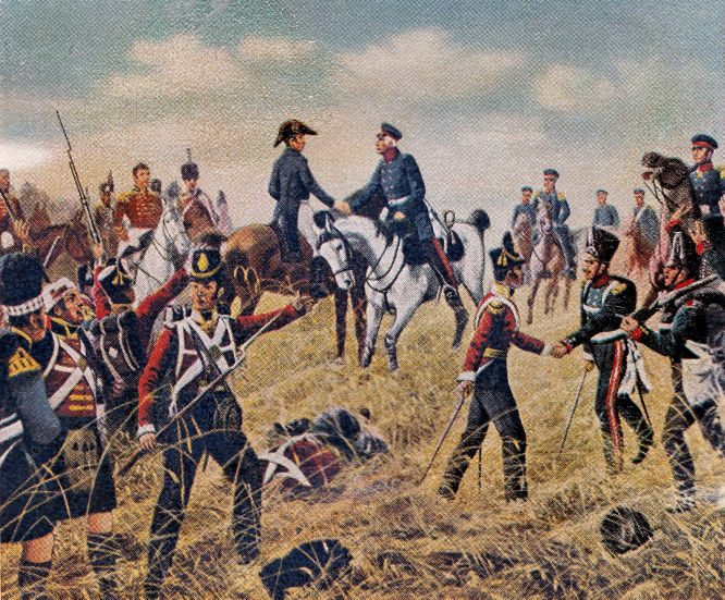 Schlacht bei Waterloo - "Begegnung Wellingtons mit Blücher bei Waterloo (Belle-Alliance) 18. Juni 1815" (Sammelbild nach einem Gemälde von R. Knötel)
