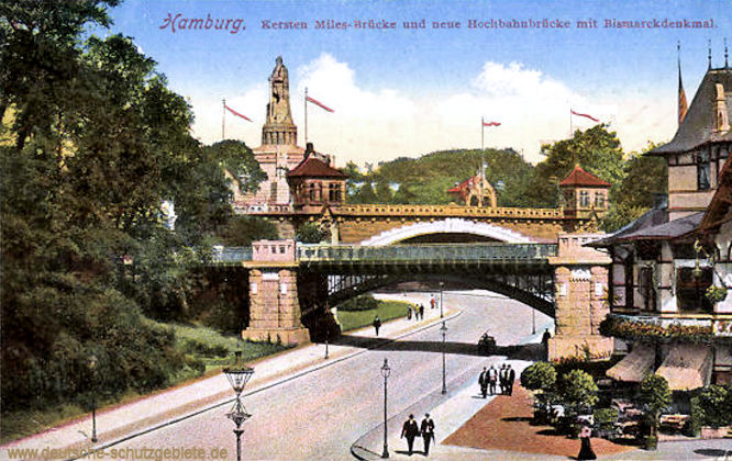 Hamburg. Kersten Miles-Brücke und neue Hochbahnbrücke mit Bismarckdenkmal.
