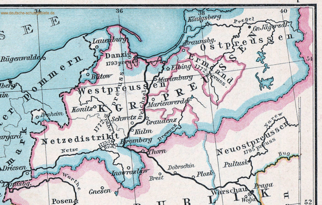 Westpreußen, Ostpreußen mit Ermland, 1786. (Kartenausschnitt Historischer Schul-Atlas, Verlag von Velhagen & Klasing 1902)