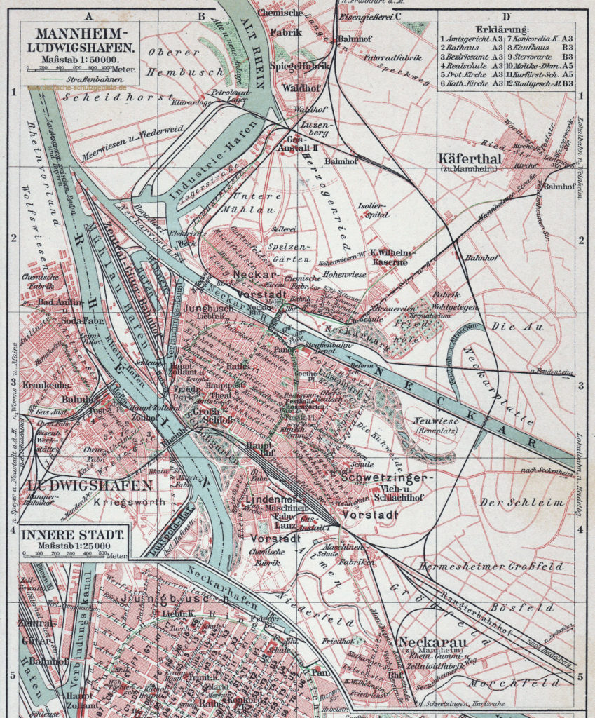 Mannheim-Ludwigshafen Stadtplan 1905 (Meyers Großes Konversations-Lexikon. Sechste Auflage.)