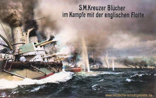S.M. Kreuzer Blücher im Kampfe mit der englischen Flotte.